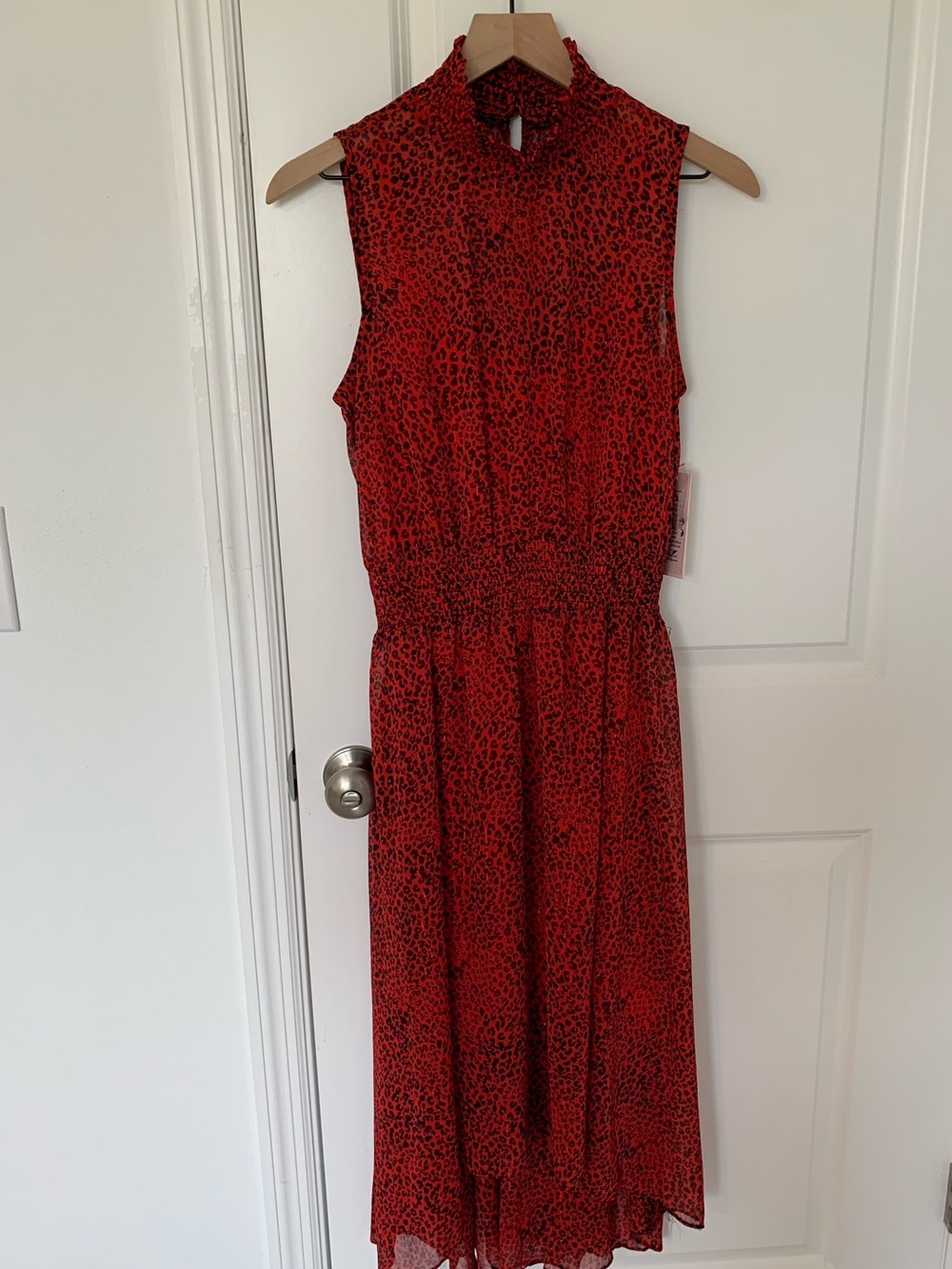 Nanette Lepore Red and Black Sleeveless Midi Dress with Mock Neck